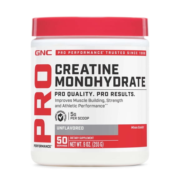 GNC Pro Performance Creatine Monohydrate Powder for Women & Men, 5g Creatine Per Serving, Muscle Building, Energy Production, Endurance, Performance, 50 Servings