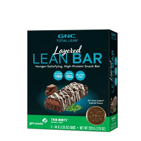 GNC Total Lean Layered Lean Bar, Hunger Satisfying, High Protein Snack Bar, Girl Scout Cookie Thin Mints Flavored, 5 Bars, 5 Servings