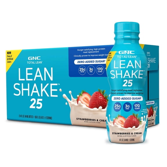 GNC Total Lean Lean Shake 25, Strawberries and Cream, 14oz. (12 Bottles)