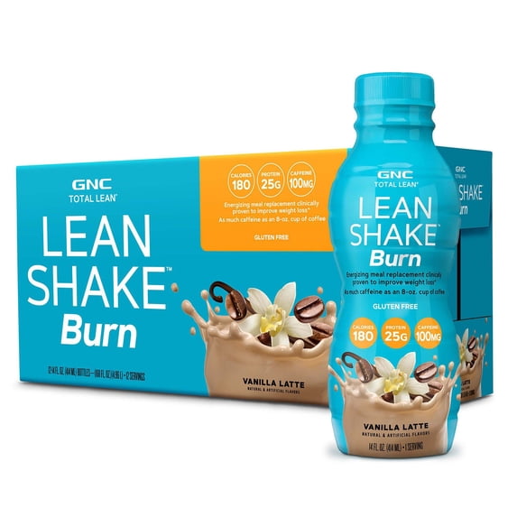 GNC Lean Shake Burn With Caffeine, Meal Replacement, Vanilla Latte, 25g Protein, Clinically Proven Weight Management, Ready To Drink, Zero Added Sugar, 14 oz Bottles, Pack of 12