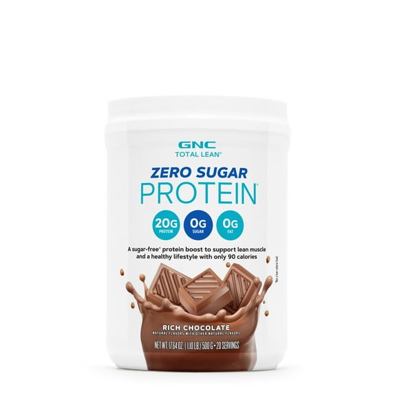 GNC Total Lean Zero Sugar Protein Powder, 20g, No Sugar, No Fat, 90 calories, Rich Chocolate, 20 Servings