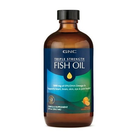 GNC Triple Strength Fish Oil Liquid Supplement, 1000mg EPA DHA Omega 3s, Wild Deep Ocean Caught, Heart, Brain, Skin, Eye and Joint Health, Natural Orange Flavor, 8 Fl Oz, 47 Servings