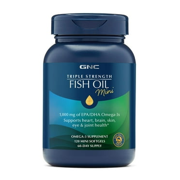GNC Triple Strength Fish Oil Mini Omega 3 With 1000mg EPA & DHA, Supports Heart, Brain, Skin and Joint Health, 120 Mini Softgels
