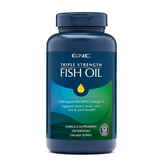 GNC Triple Strength Fish Oil Omega 3 Supplement Ultra Concentrated 1000mg EPA and DHA, Supports Heart, Brain, Skin, Eye and Joint Health, Burpless, High Potency, Wild Caught, 120 Softgels