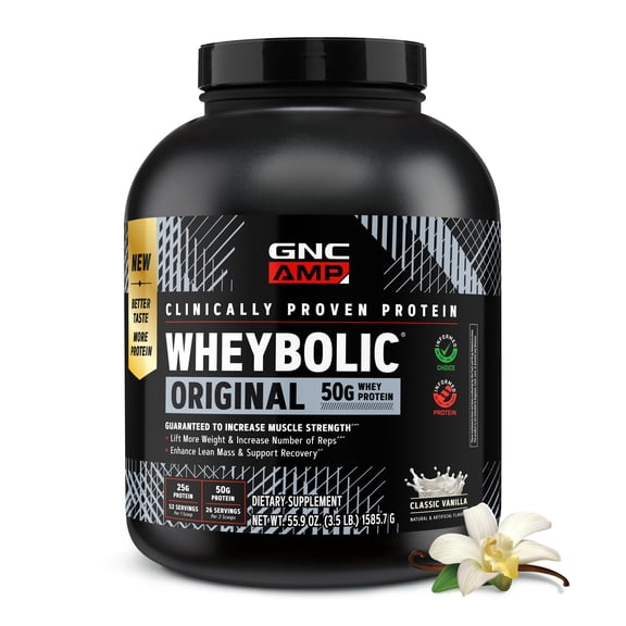 GNC AMP Wheybolic Clinically Proven Protein Powder, 50g Whey Protein, BCAA, Leucine, Increases Muscle Strength, Muscle Building, 3rd Party Tested, Gluten Free, Classic Vanilla 26 Servings