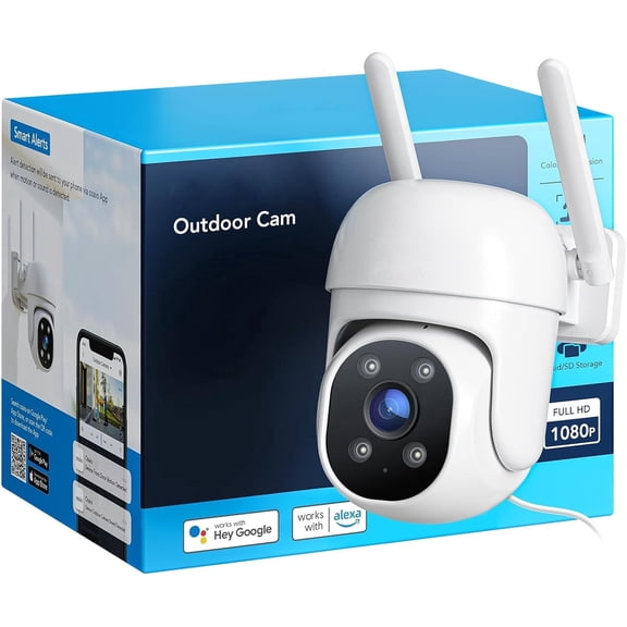 Outdoor Security Camera 1080P , Wired WiFi, 360° View PTZ, Color Night Vision, Smart Motion Sensor, 2 Way Audio, IP66 Waterproof
