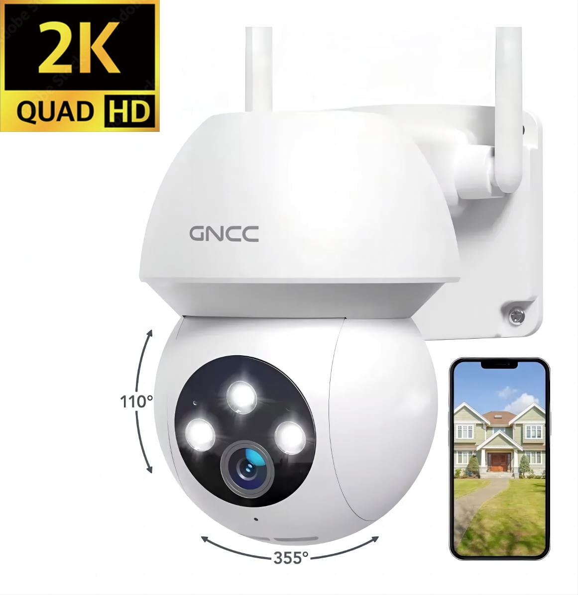 GNCC 3MP 360° 2K Surveillance Camera, 2.4Ghz Wifi Outdoor Security Camera With Full Color Night