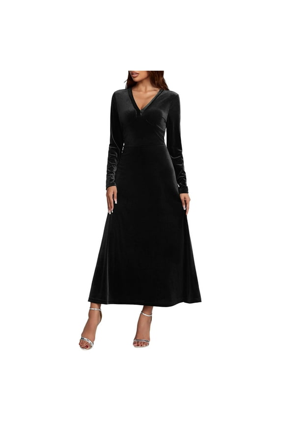Elegant Womens V-neck Long-sleeved Dress Gold Velvet Soft Material Comfy for Evening Parties Stylish Long Dress for Women Black S