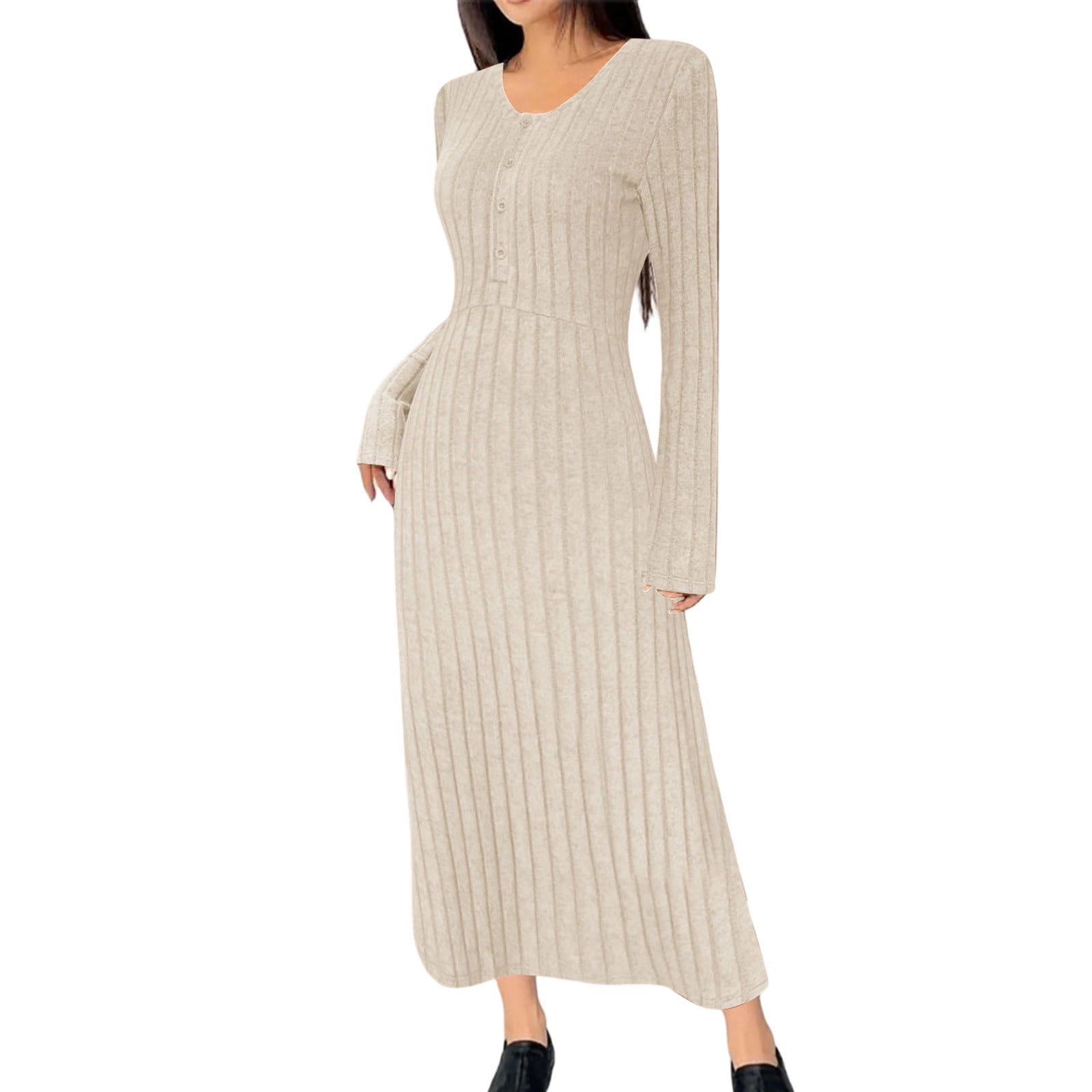 long sleeve henley maxi dress THE LUXE RIB LONG SLEEVE HENLEY MAXI DRESS - BLACK