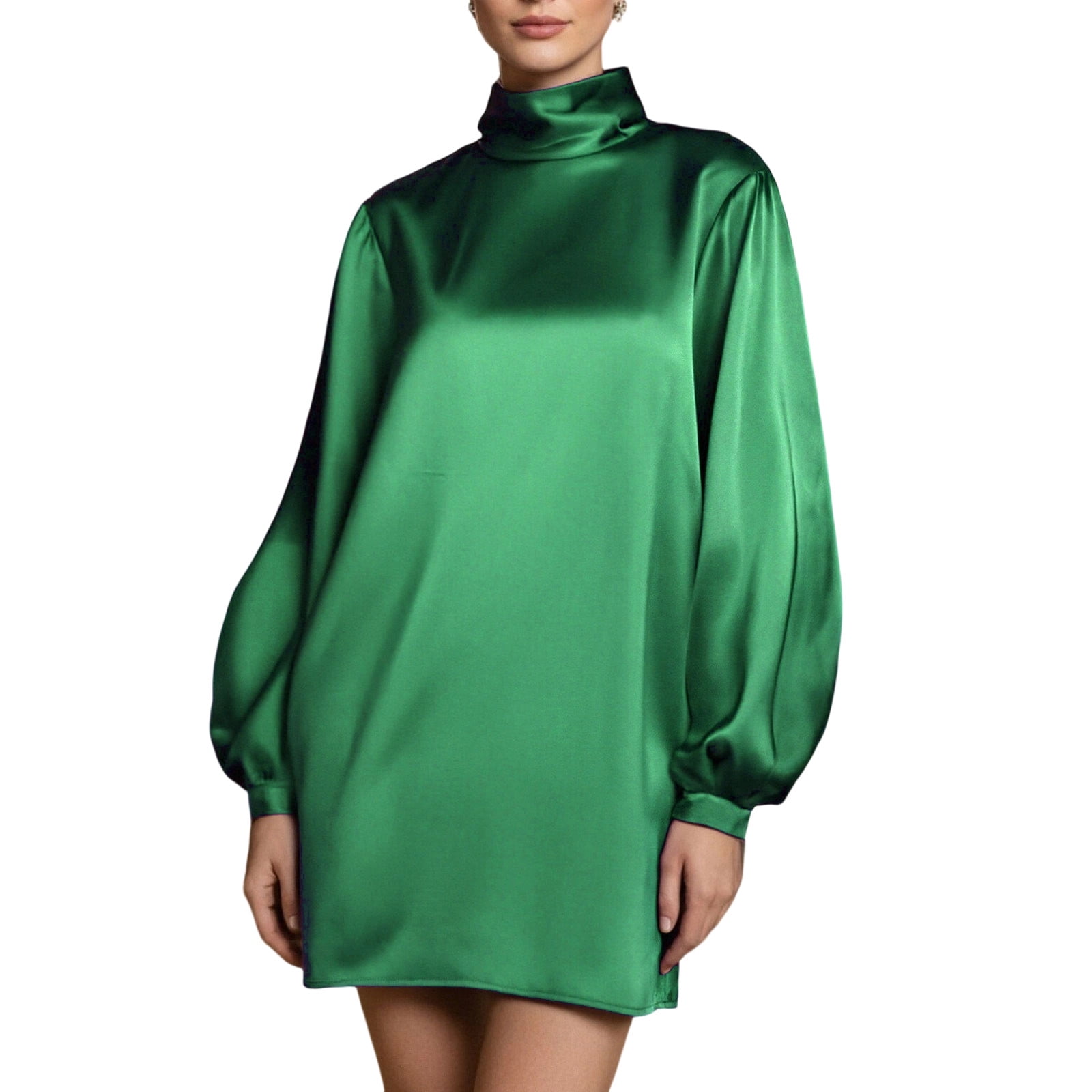 loose satin mini dress GNFQXSS High Neck Satin Mini Dress Puff Sleeve Loose Cocktail Party Dress  Green L