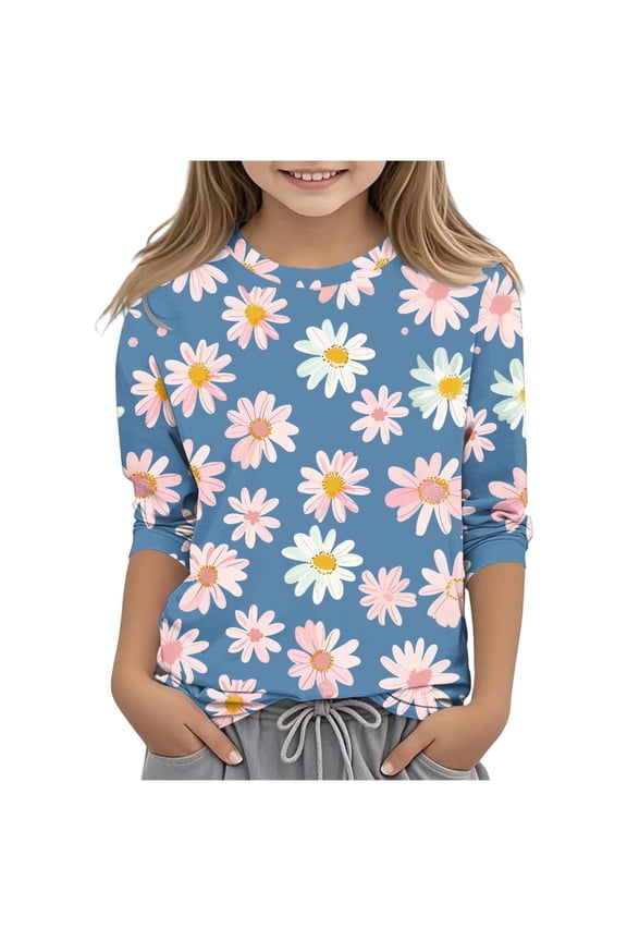 Kids Daisy Floral Graphic Crew Neck Long Sleeve Pullover Relaxed Soft Breathable Comfortable Casual Spring Outdoor Wear Blue 3 Years