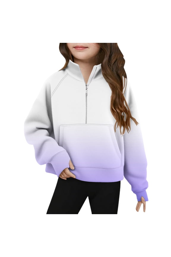 Kids Ombre Half Zip Hooded Pullover Relaxed Soft Breathable Cozy Casual School Outdoor Wear Purple 5 Years