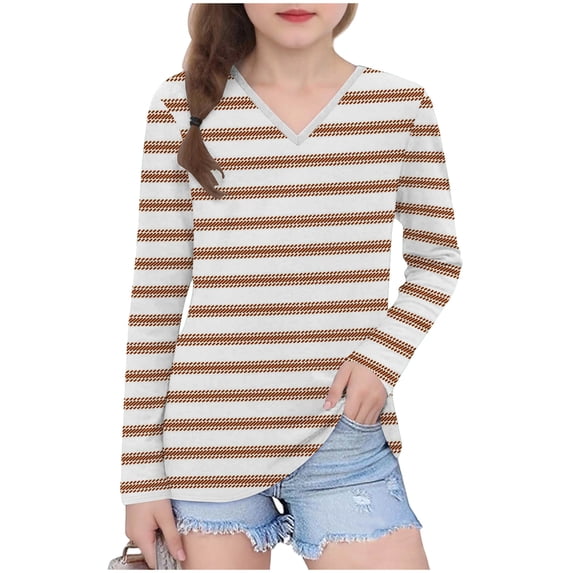 GNFQXSS Kids Thin Stripe V Neck Long Sleeve Pullover Relaxed Soft Breathable Comfortable Casual Everyday School Wear Orange 13 Years