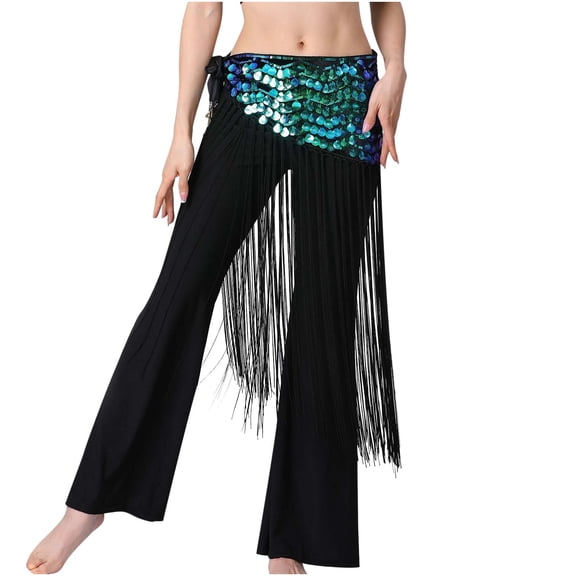 GNFQXSS Sequin Fringed Belly Dance Pants Skirt Wrap Design Flowy Hem for Performance Dance Practice Green Free Size