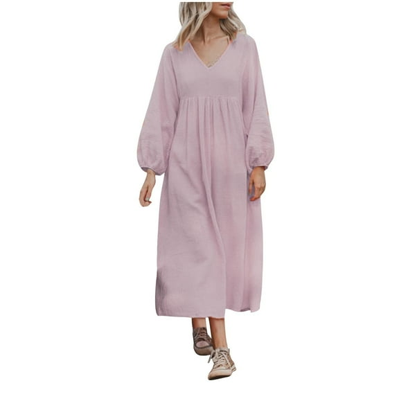 GNFQXSS V-Neck Long Sleeve Maxi Dress Elegant Casual Comfy Soft Breathable Fabric Bohemian Style Suitable for Beach Garden Party Daily Wear Women's Dresses Pink M