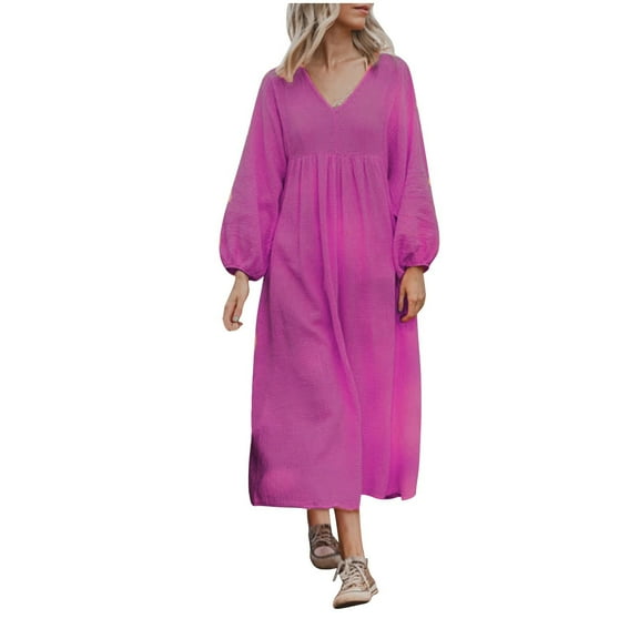 GNFQXSS V-Neck Long Sleeve Maxi Dress Elegant Casual Comfy Soft Breathable Fabric Bohemian Style Suitable for Beach Garden Party Daily Wear Women's Dresses Hot Pink L