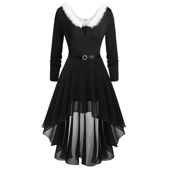 GNFQXSS Vintage V-Neck Long Sleeve Dress Asymmetrical Hem Faux Collar Elegant Party Dress Flowy Fabric Special Occasion Cocktail Dress for Evening Events Black XXL