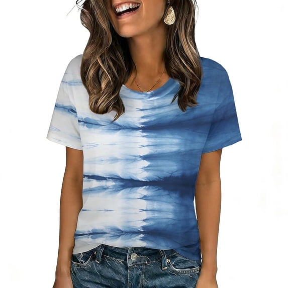 GNFQXSS Women Crew Neck Short Sleeve T-Shirt Bohemian Lightweight Soft Pullover Top For Vacation Blue L