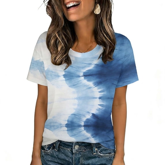 GNFQXSS Women Crew Neck Short Sleeve T-Shirt Bohemian Lightweight Soft Pullover Top For Vacation Blue XXL