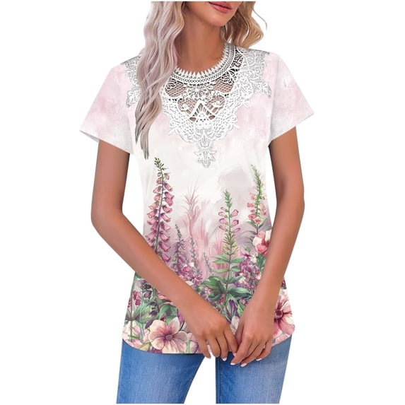 GNFQXSS Women Floral Print Crew Neck Short Sleeve T-Shirt Casual Lightweight Breathable Pullover Top For Daily Wear Multicolor S