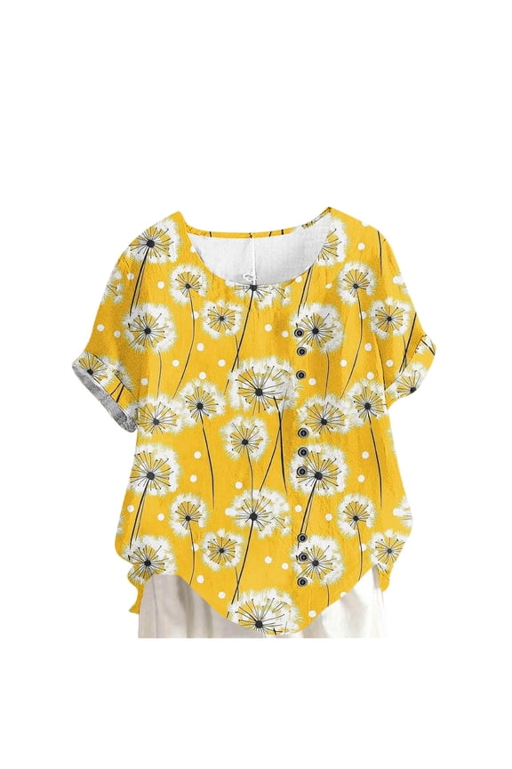 Women Floral Print V Neck Flare Sleeve Blouse Casual Breathable Lightweight Pullover Top For Beach Trips Yellow XXL
