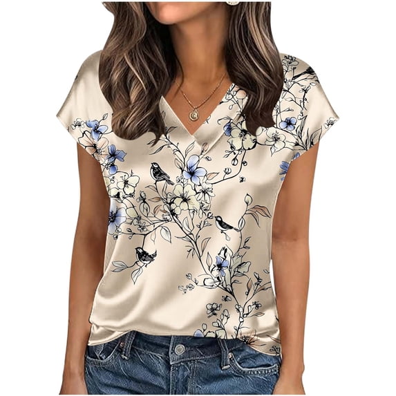 GNFQXSS Women Print V Neck Short Sleeve Blouse Bohemian Lightweight Soft Pullover Top For Vacation Khaki XXXXXL