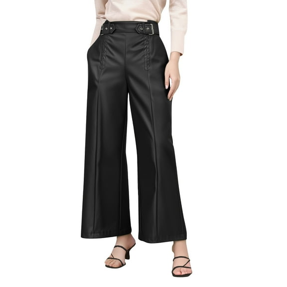 GNFQXSS Women's High Waisted Belted Wide Leg Faux Leather Pants with Pockets Dressy Trousers for Office Evening & Fashion Events Black M