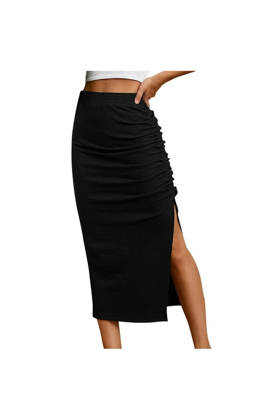 Women's High Waisted Ruched Split Skirt Bodycon Pencil Going Out Long Skirts Black L