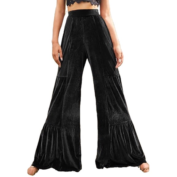 GNFQXSS Women's High Waisted Tiered Wide Leg Velvet Pants Flowy Dressy Trousers for Party Evening & Special Black L