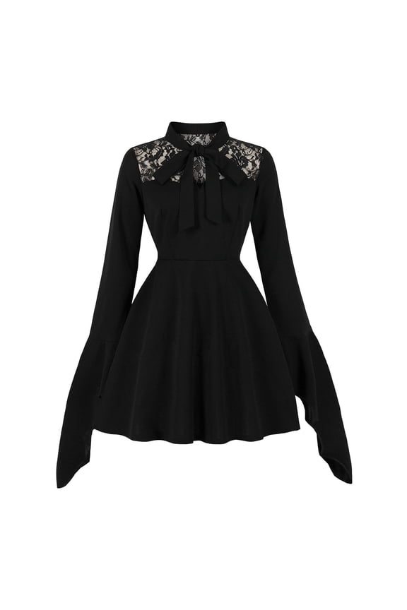 Women's Long Sleeve Lace Panel Neck Flared Asymmetrical Hem Mini Dress Elegant Vintage Dress for Party & Special Black XL