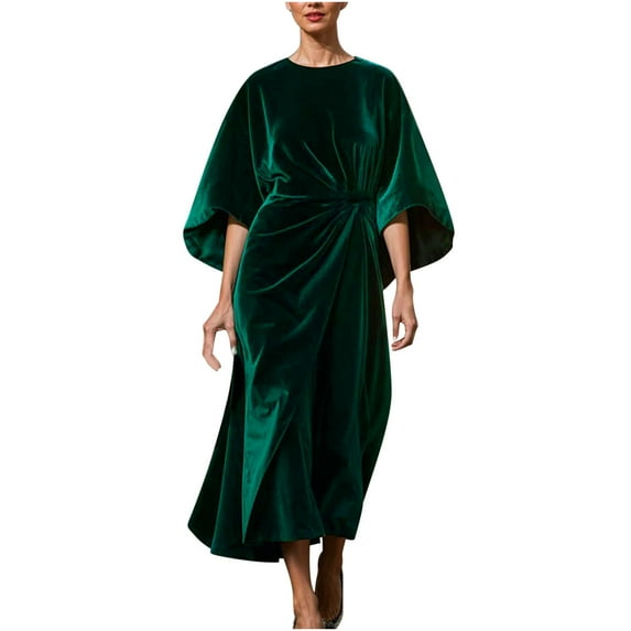 GNFQXSS Women's Long Sleeve Round Neck Cape Sleeve Ruched Velvet Midi Dress Elegant Dress for Party Evening & Formal Events Green L