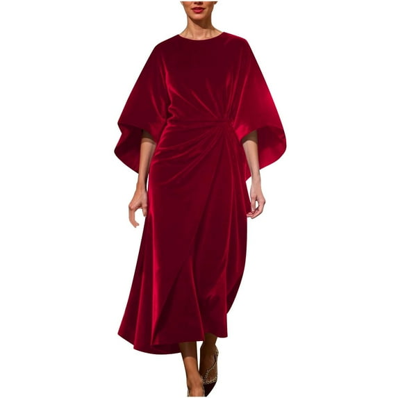 GNFQXSS Women's Long Sleeve Round Neck Cape Sleeve Ruched Velvet Midi Dress Elegant Dress for Party Evening & Formal Events Red XL