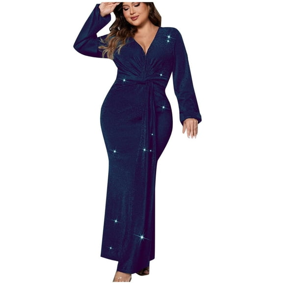 GNFQXSS Women's Long Sleeve V-Neck Knotted Glitter Maxi Dress Plus Size Elegant Dress for Party Evening & Formal Events Blue XL