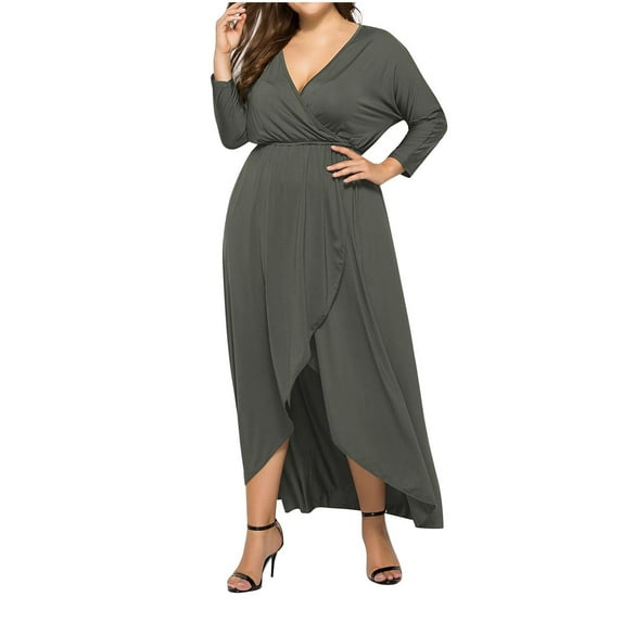 GNFQXSS Women's Long Sleeve V-Neck Wrap Asymmetrical Hem Maxi Dress Plus Size Elegant Dress for Party Evening & Formal Events Gray XL