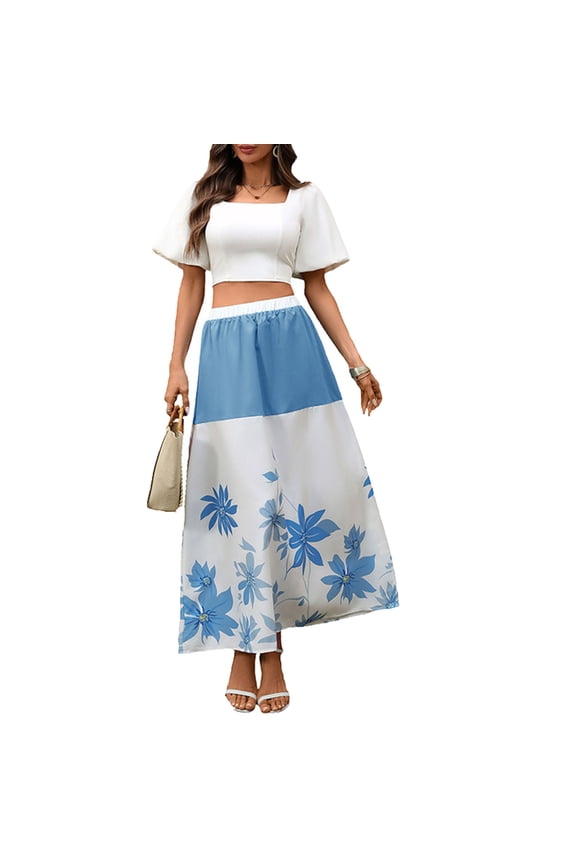 Women's Midi Skirt High Waist Printed Pattern Casual Style Versatile Design For Multiple Occasions Blue L