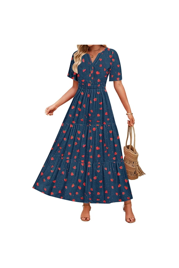 Women's Printed Short Sleeve Round Neck Maxi Dress Pull On Comfortable Daily Wear Floral Pattern Relaxed Flowy Lightweight Style Navy M