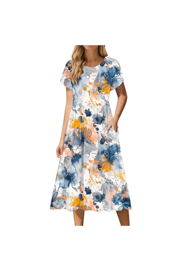 Women's Printed Short Sleeve Round Neck Midi Dress Pull On Comfortable Daily Casual Wear Leaf Pattern Flowy Lightweight Pocket Design Multicolor L