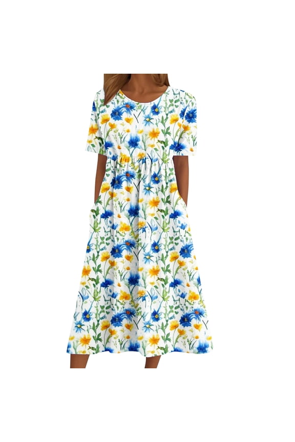 Women's Printed Short Sleeve Round Neck Midi Dress Pull On Lightweight Daily Casual Wear Flowy Ruched Waist Style Multicolor XL