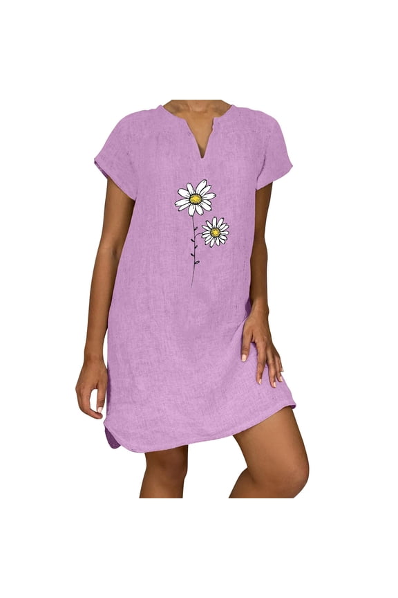 Women's Printed Short Sleeve Round Neck Mini Dress Pull On Fun Casual Wear Cartoon Pattern Soft Flowy Comfortable Style Purple XXXL