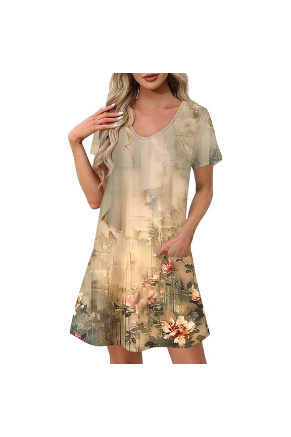 Women's Printed Short Sleeve V Neck Mini Dress Pull On Comfortable Daily Casual Wear Flowy Pattern Multi Color Design Lightweight Style Beige L