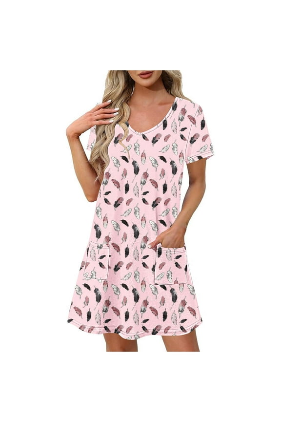Women's Printed Short Sleeve V Neck Mini Dress Pull On Comfortable Daily Casual Wear Cute Floral Pattern Pocket Design Relaxed Style Pink S