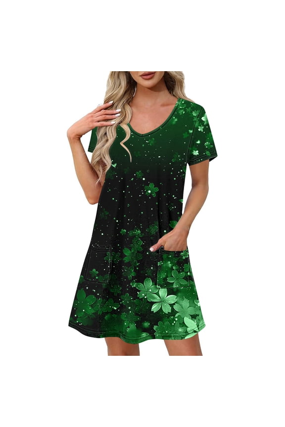 Women's Printed Short Sleeve V Neck Mini Dress Pull On Flowy Weekend Wear Gradient Pattern Soft Breathable Relaxed Style Green XXL