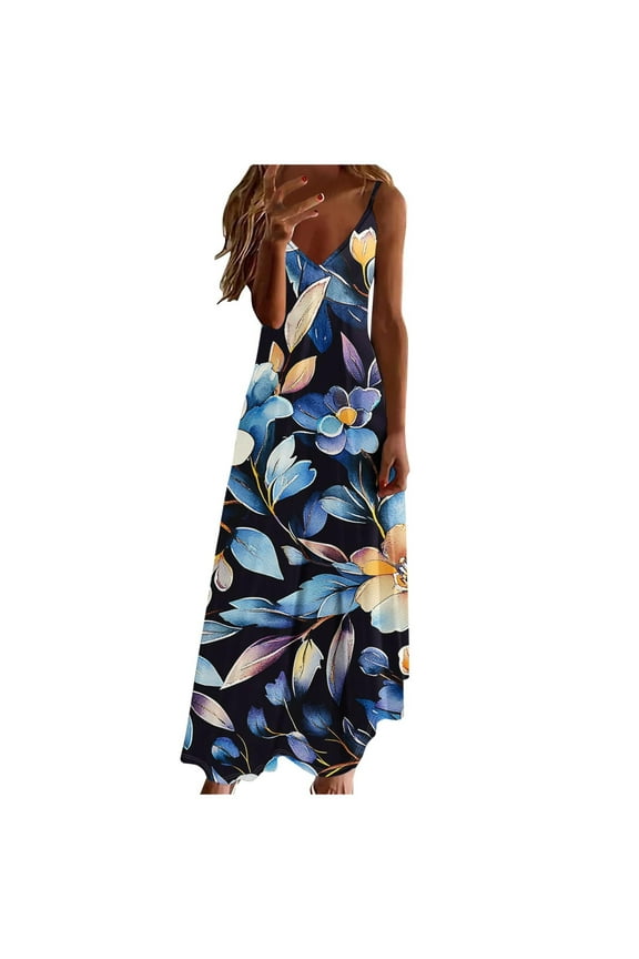 Women's Printed Strap Maxi Dress Pull On Elegant Indoor Casual Wear Soft Floral Pattern Loose Flowy Style Navy S