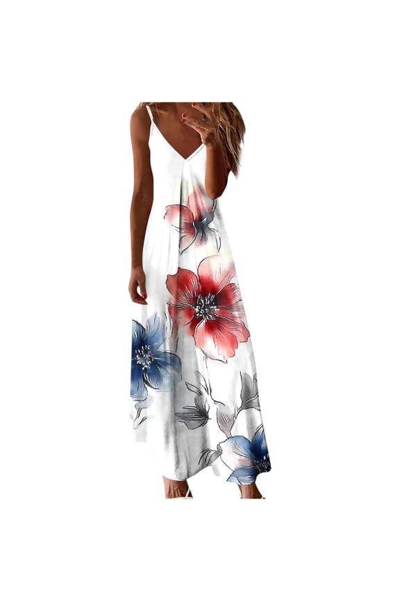 Women's Printed Strap Maxi Dress Pull On Lightweight Indoor Casual Wear Flowy Asymmetrical Hem Floral Style White XXL
