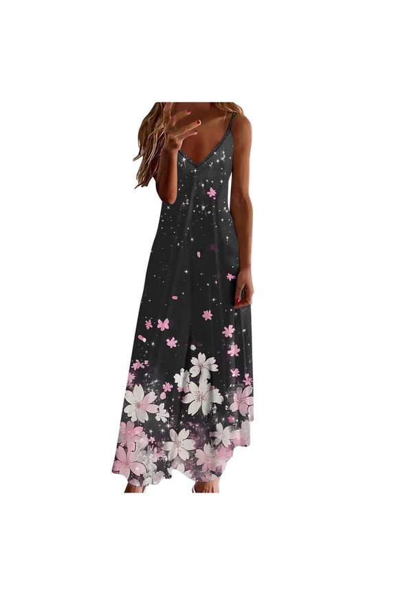Women's Printed Strap Maxi Dress Pull On Lightweight Vacation Wear Flowy Floral Pattern Relaxed Style Black L