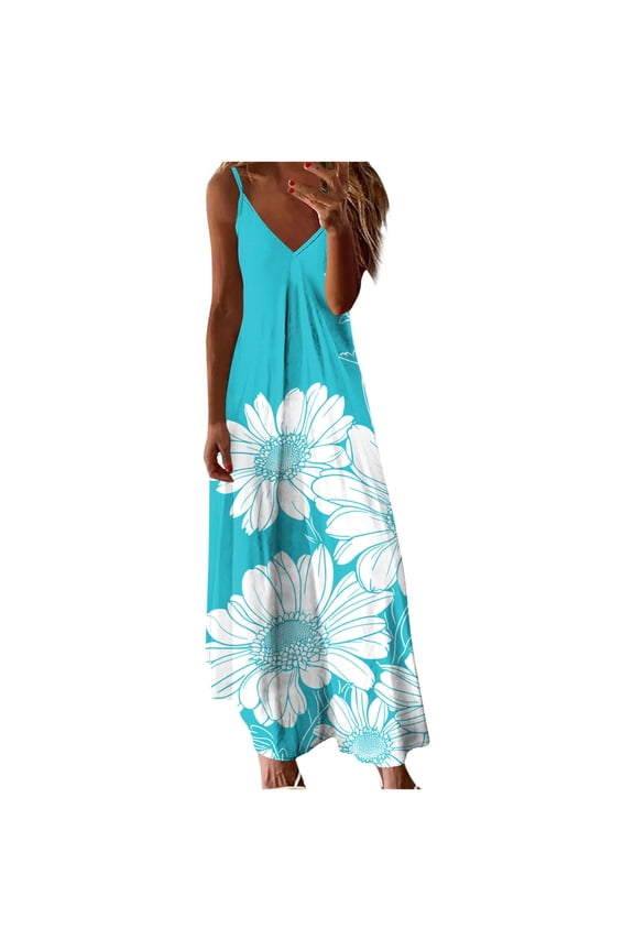 Women's Printed Strap Maxi Dress Pull On Stylish Outdoor Dating Wear High Split Floral Pattern Lightweight Style Blue S