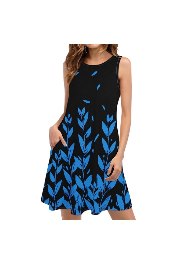 Women's Printed Strap Mini Dress Pull On Contrast Panel Casual Wear Arrow Pattern Soft Flowy Lightweight Style Blue S