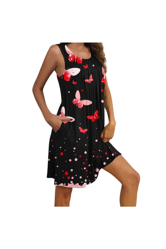 Women's Printed Strap Mini Dress Pull On Fun Daily Casual Wear Cute Cartoon Pattern Relaxed Flowy Comfortable Style Red S