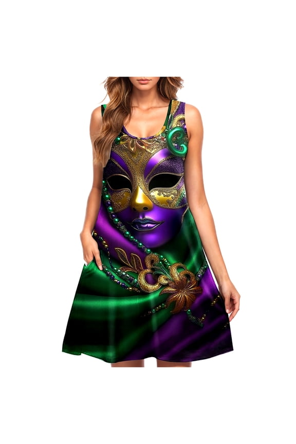 Women's Printed Strap Mini Dress Pull On Stylish Festival Casual Wear Pattern Lightweight Flowy Style Green XXL