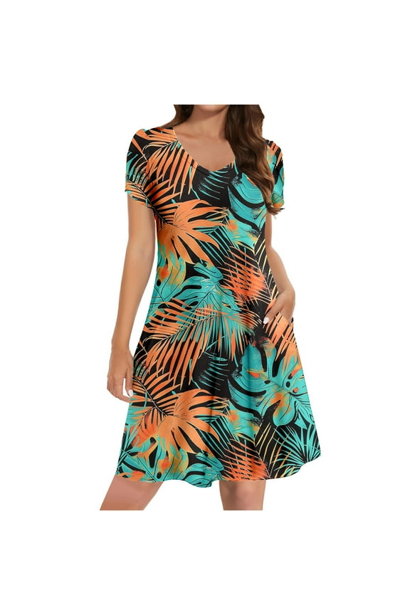 Women's Puff Sleeve Printed Round Neck Midi Dress Pull On Comfortable Outdoor Dating Wear Flowy Ruffled Waist Style Multicolor M